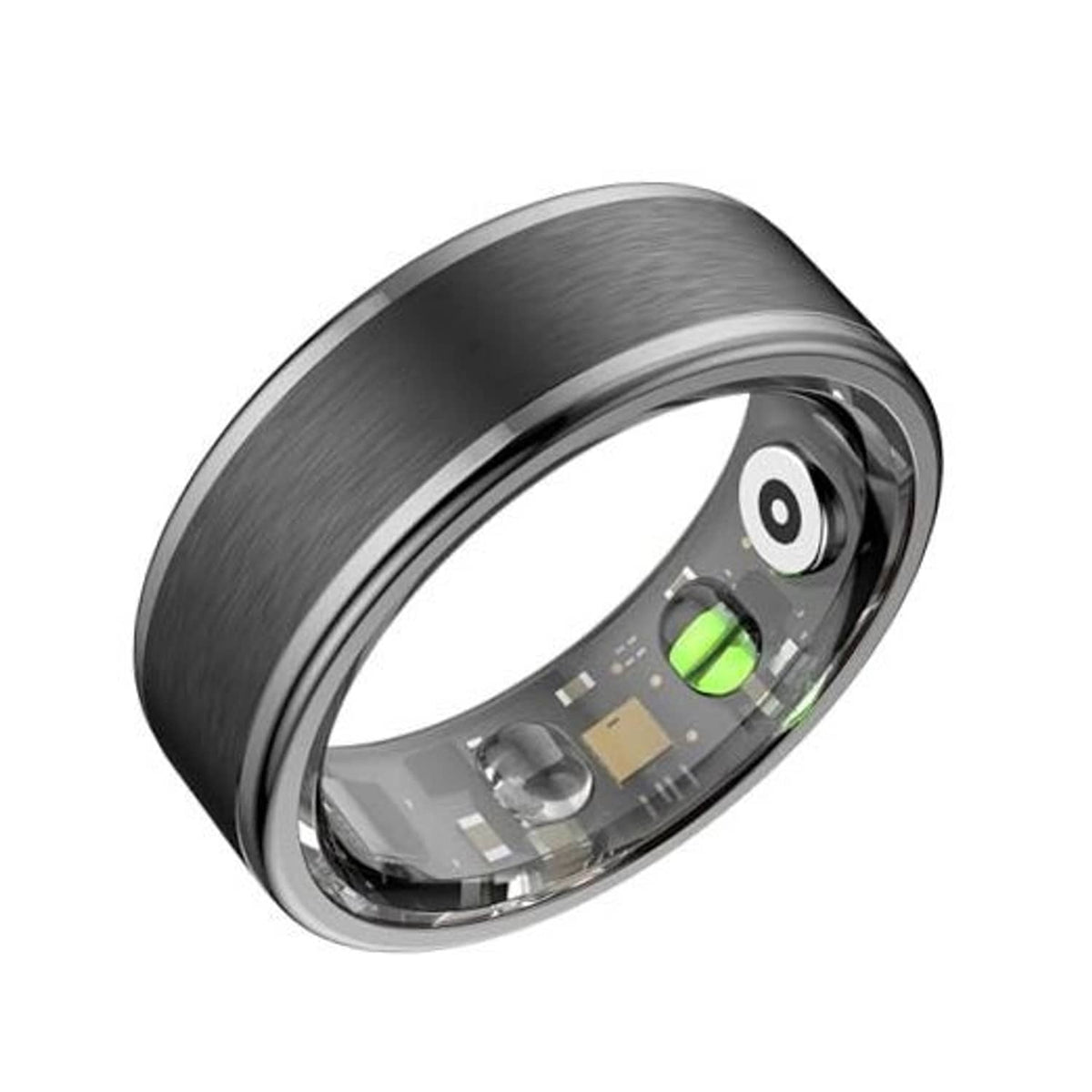 Black brushed metal smart ring with glowing sensor window and round bezel design