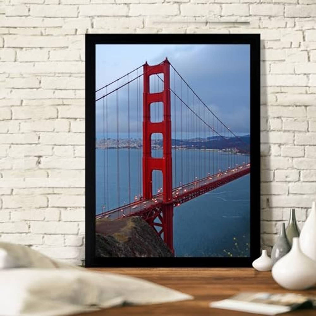 Black 12x16 wall picture frame with Golden Gate Bridge photo inside.