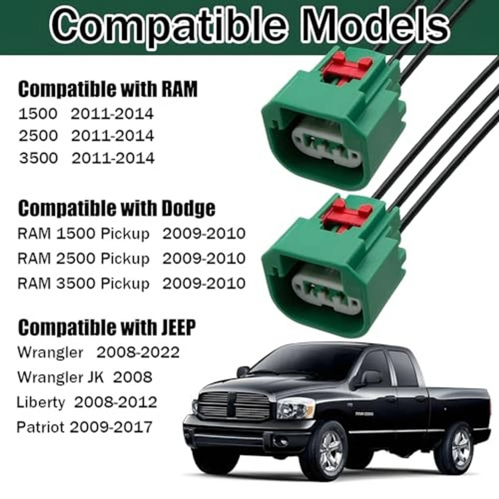 Headlight wiring harness connectors with green housings and red latches, with black wire leads