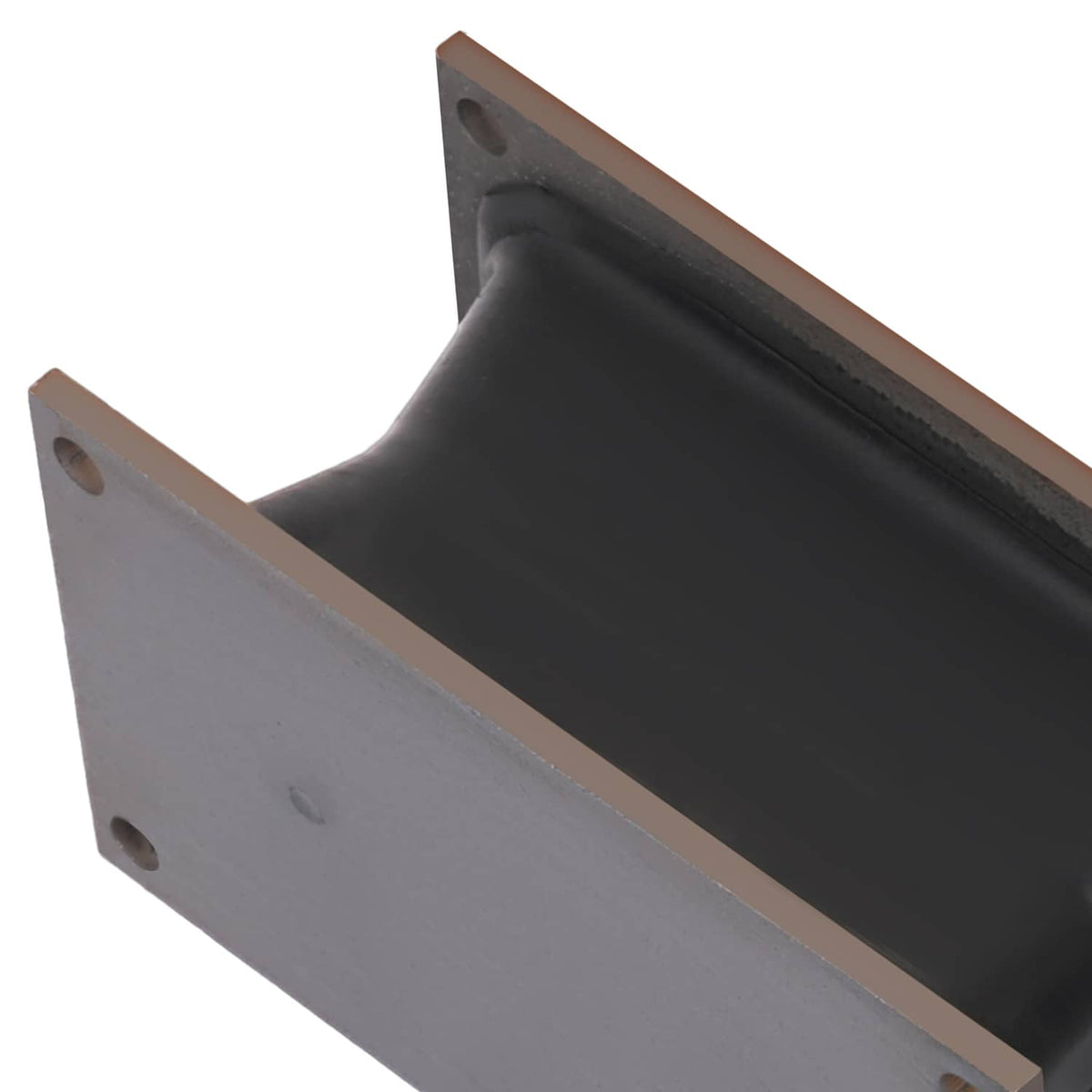 Rubber shock mount isolator side view with metal plates surrounding rubber cushion