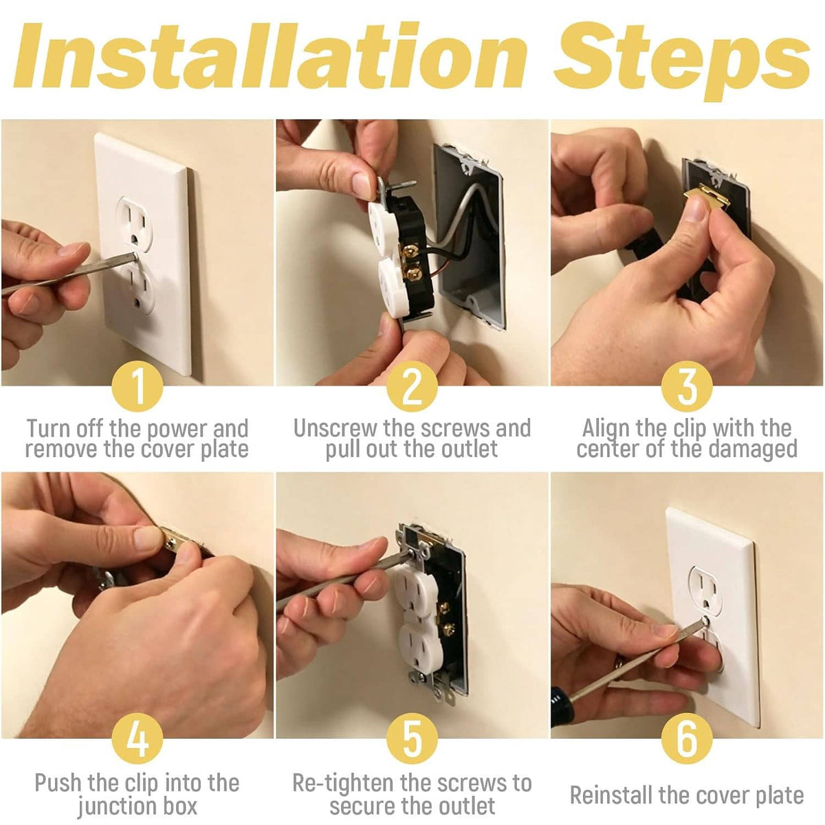 Electrical box repair clip installation shown: clip aligned on outlet cover opening, gold metal