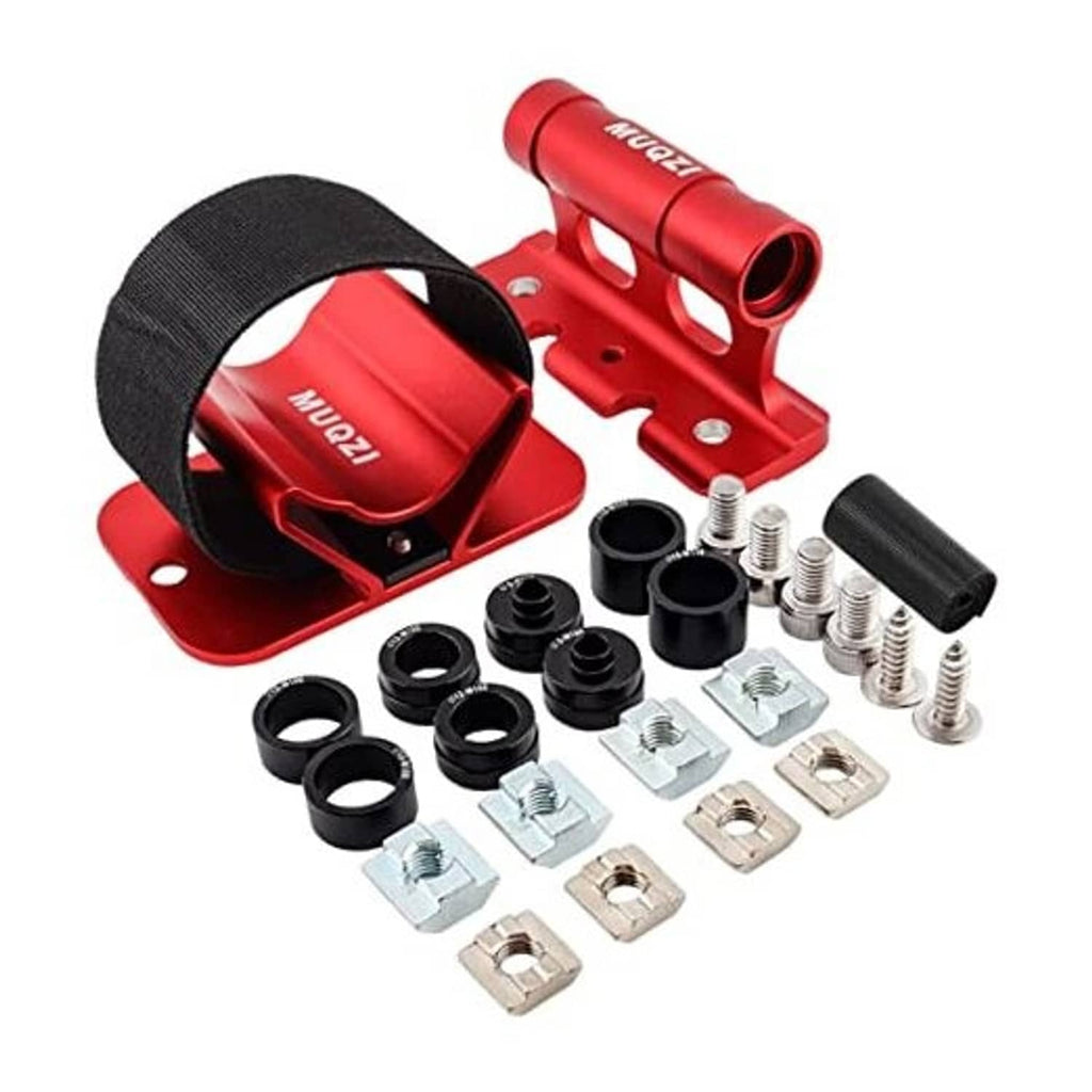 Red aluminum bike fork roof mount with black strap, hardware screws, and spacers