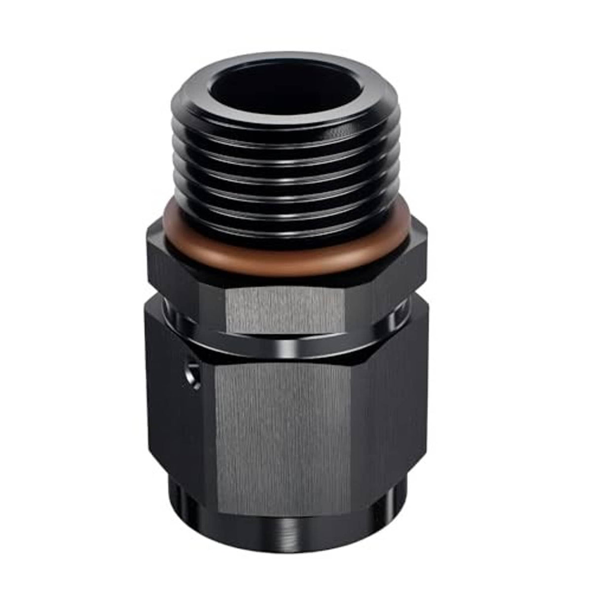AN hose fitting with bronze O-ring and black finish, hex base with external threads