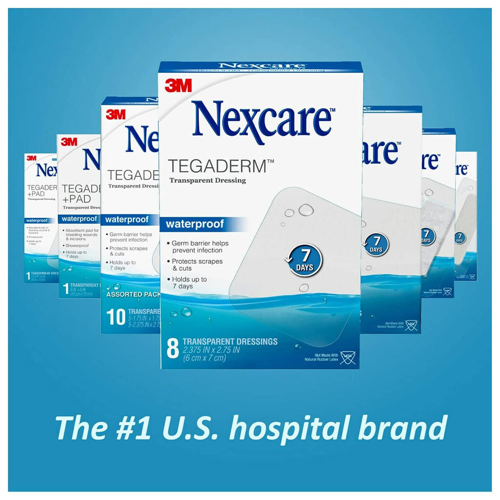 Multiple Nexcare Tegaderm+Pad transparent dressing boxes shown together