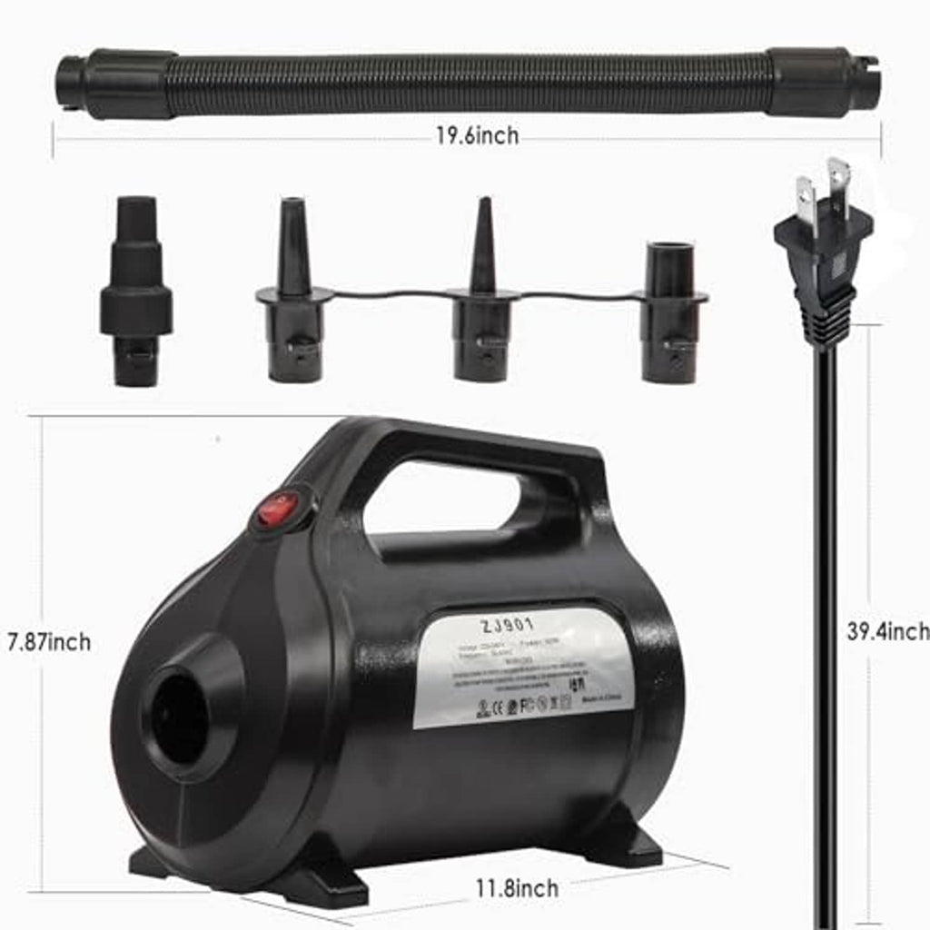 Black electric air pump with long hose and nozzle attachment set plus power cord