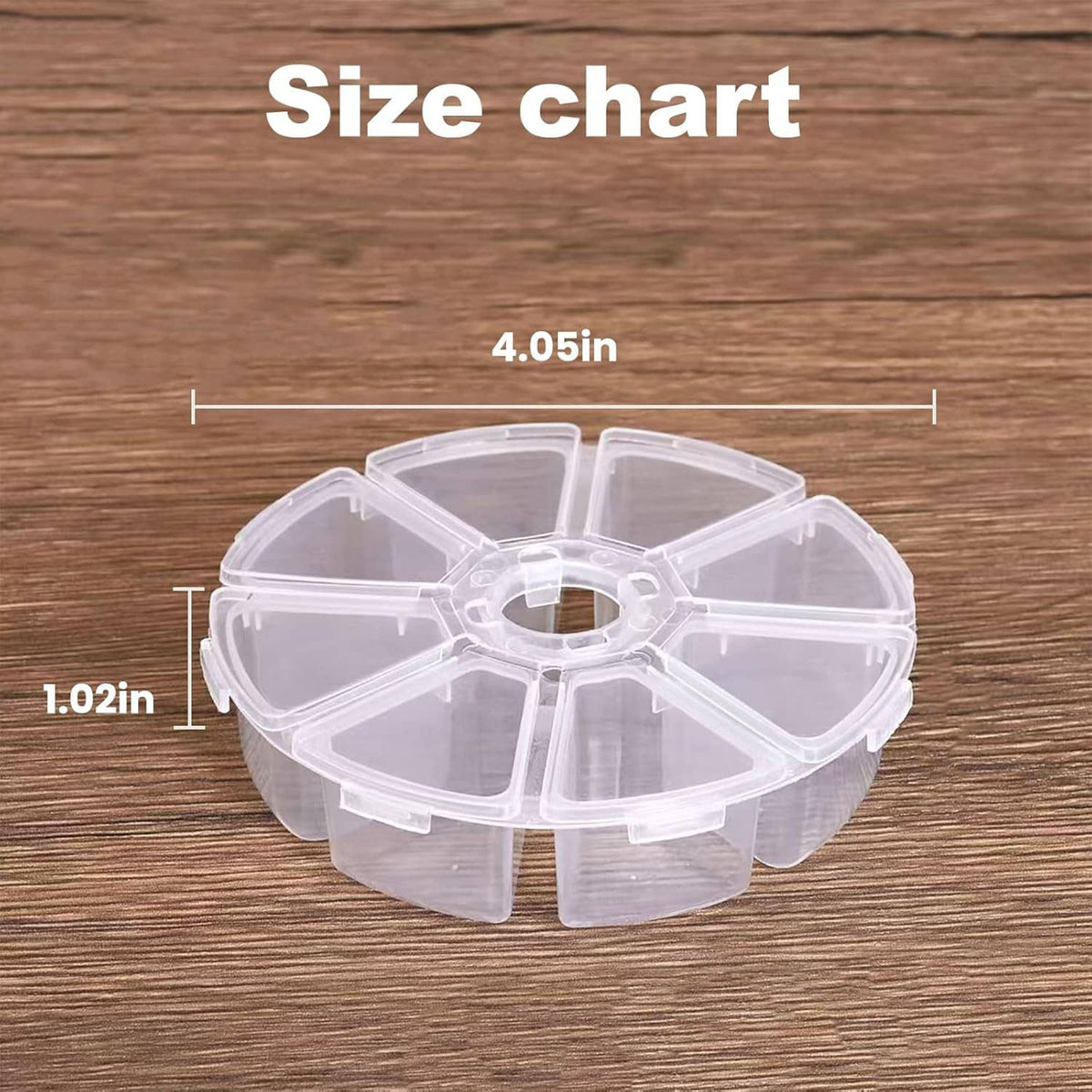 Clear round jewelry bead storage box with 8 divided compartments in transparent plastic