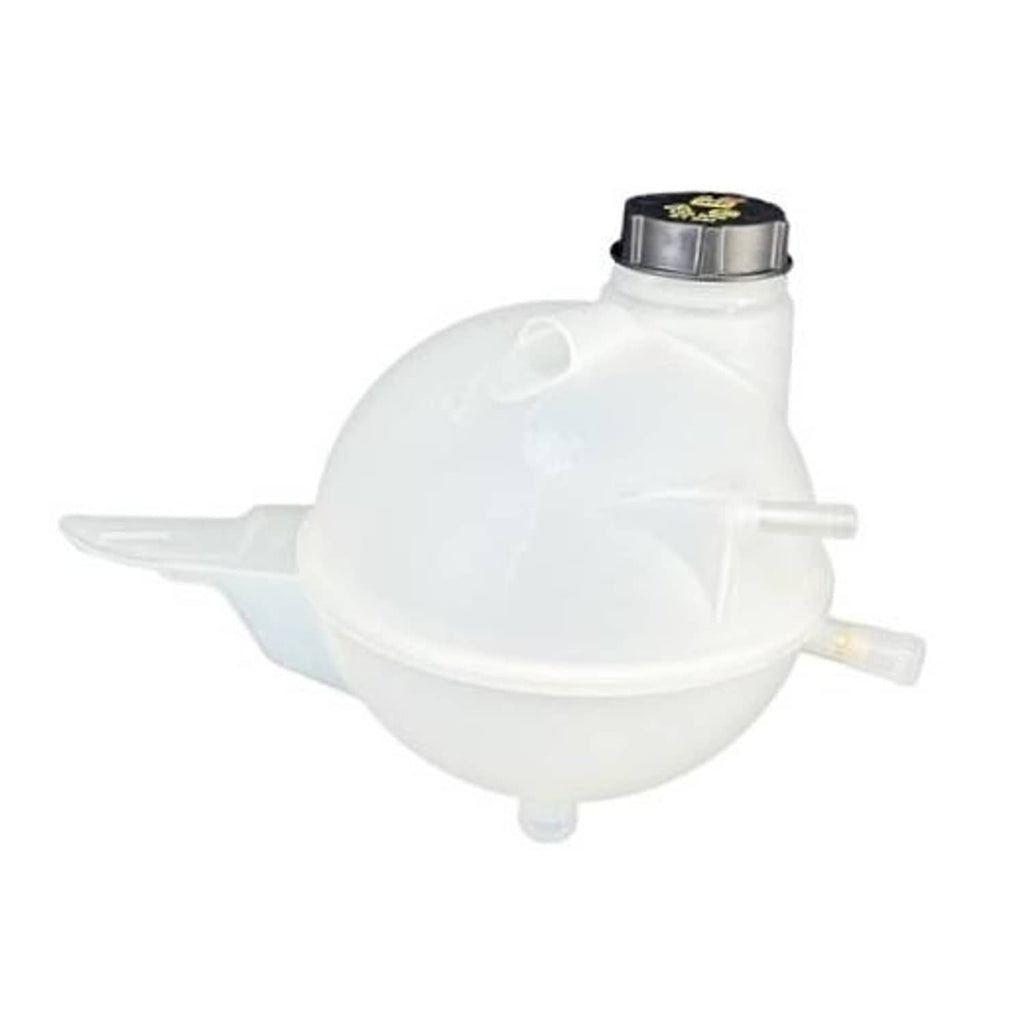 White engine coolant overflow reservoir tank with black cap and outlet tube