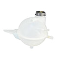 White engine coolant overflow reservoir tank with black cap and outlet tube