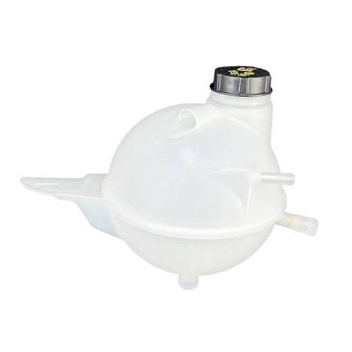 White engine coolant overflow reservoir tank with black cap and outlet tube