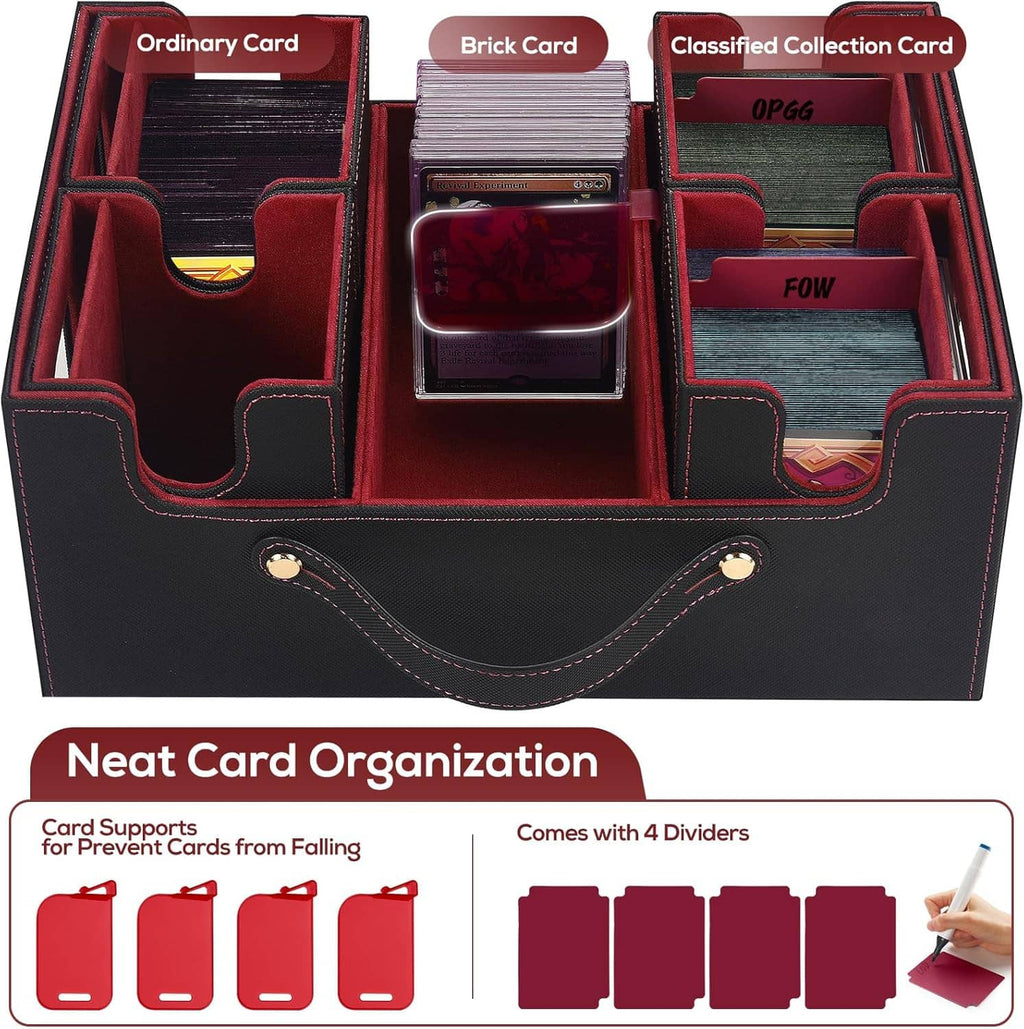 Opened card organizer box with top and side card holders, dividers, and central accessory section.