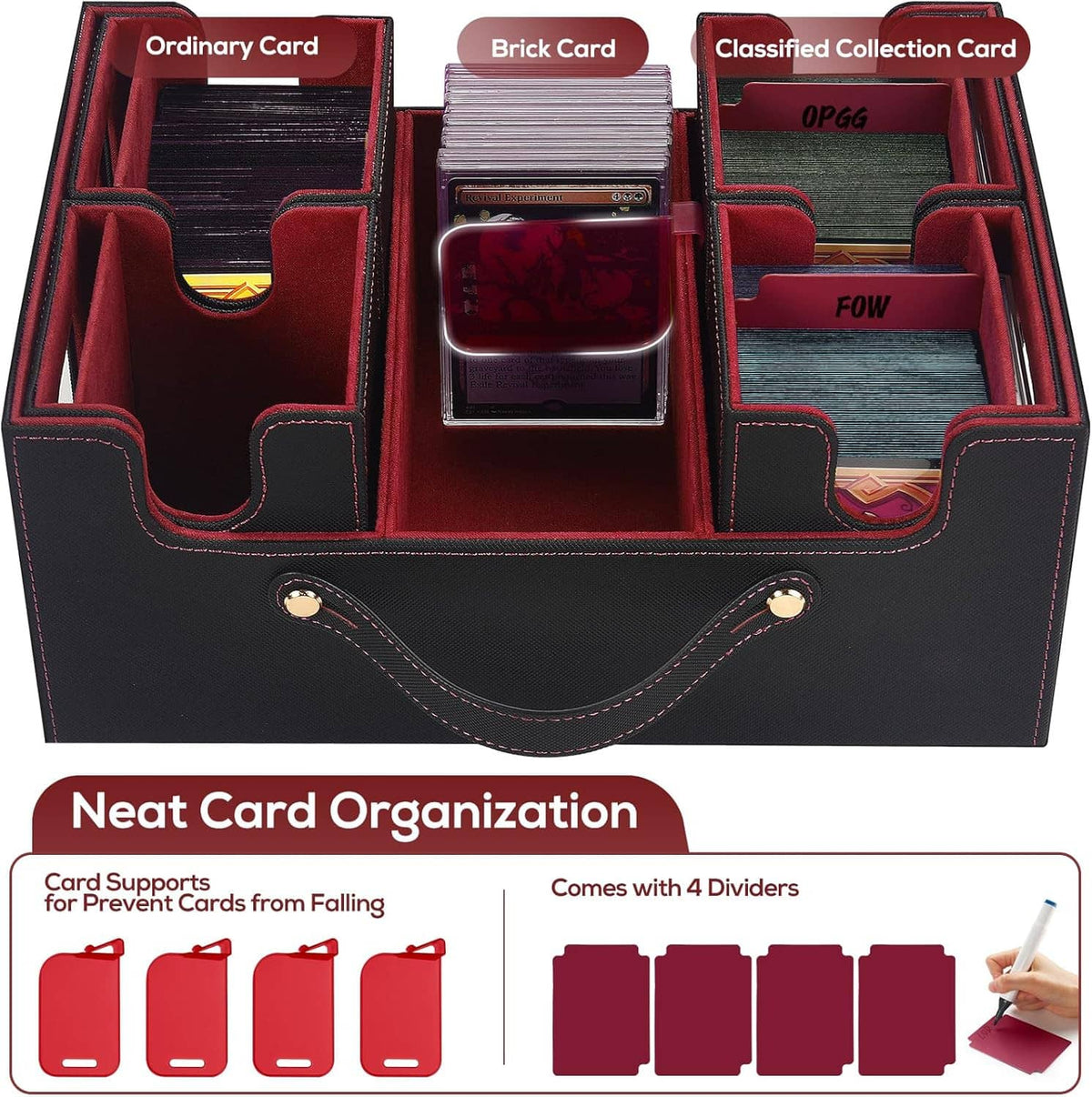 Opened card organizer box with top and side card holders, dividers, and central accessory section.