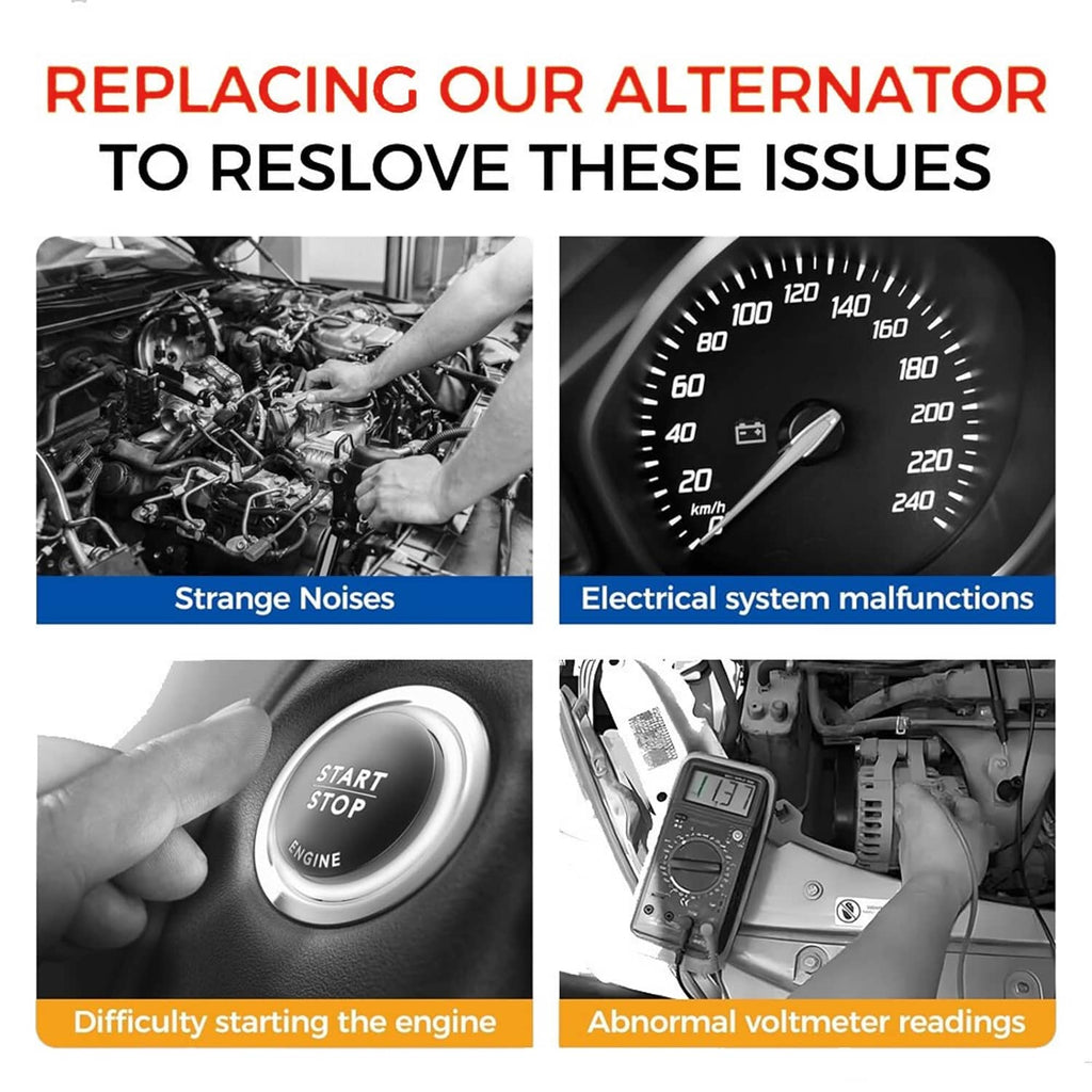 Alternator replacement infographic featuring engine bay swap and voltmeter-style reading