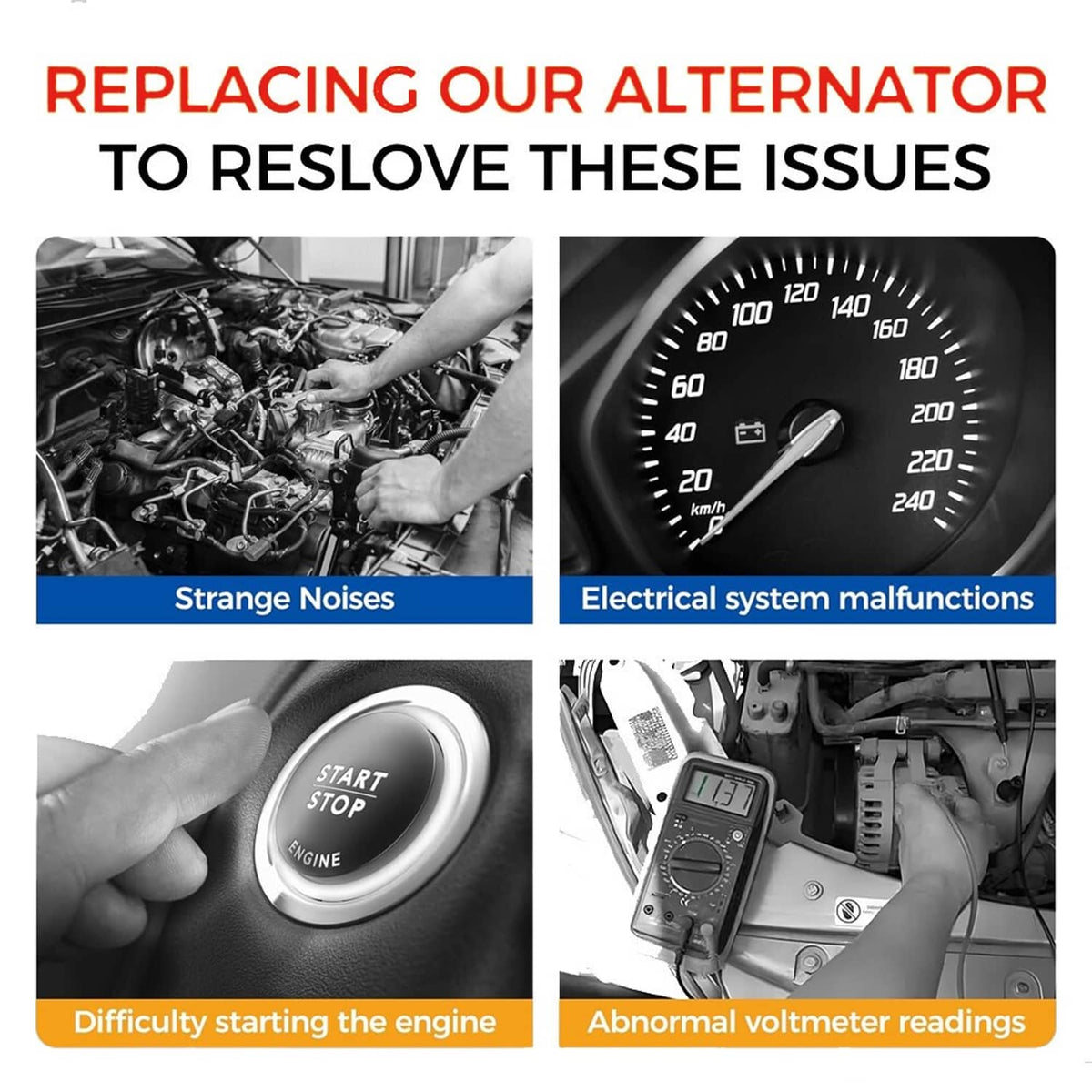 Alternator replacement infographic featuring engine bay swap and voltmeter-style reading