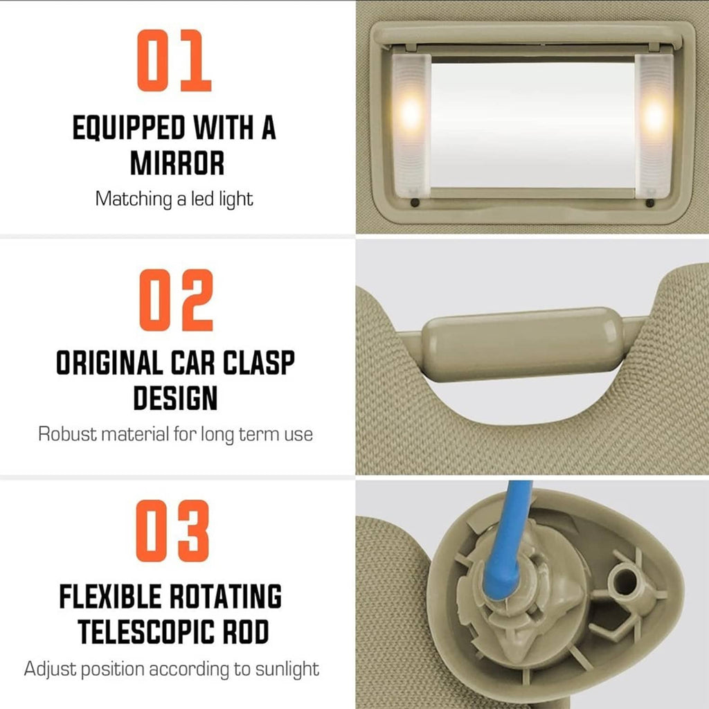 Beige sun visor with built-in illuminated mirror and lighted frame