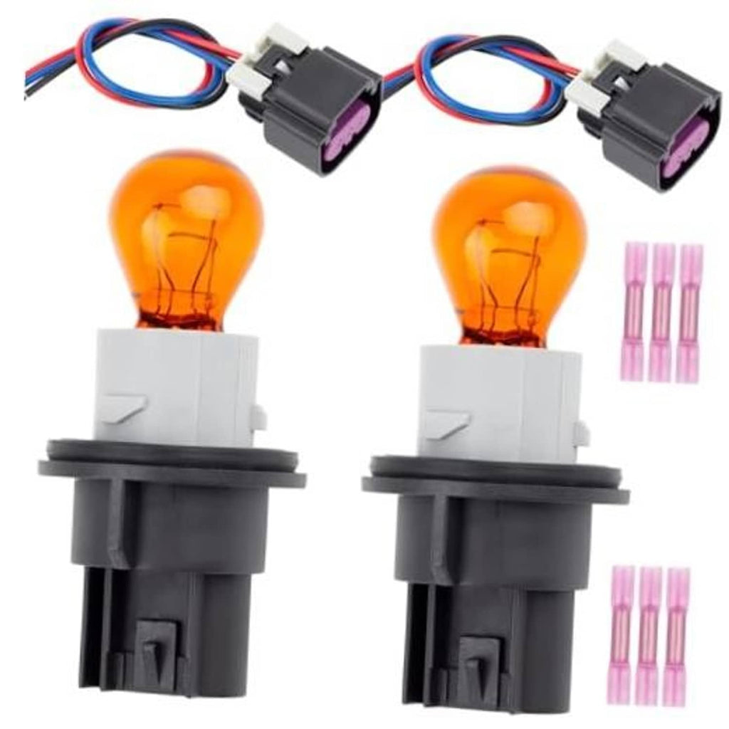 Turn signal bulb socket with wiring harness, black 3-pin plug and orange bulb