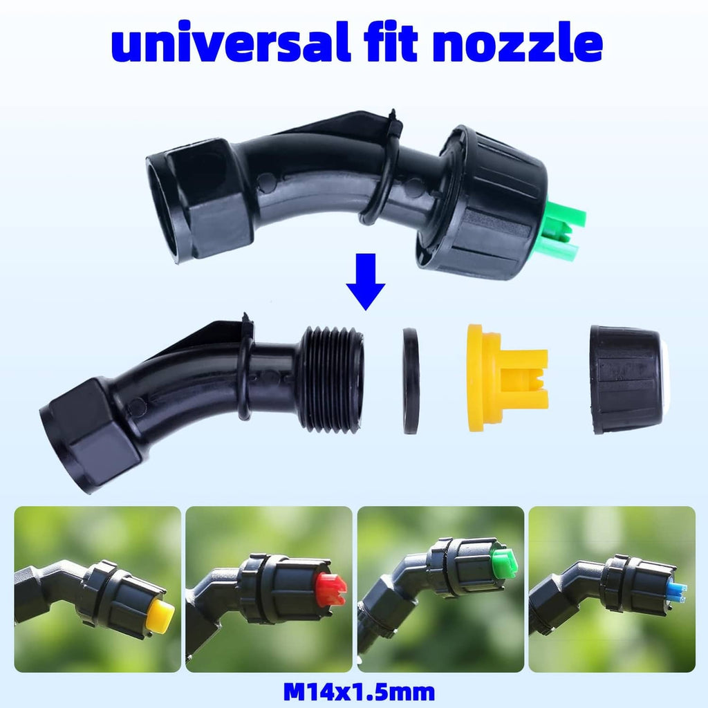 Universal flat fan spray nozzle with black elbow, yellow cap, and threaded adapters