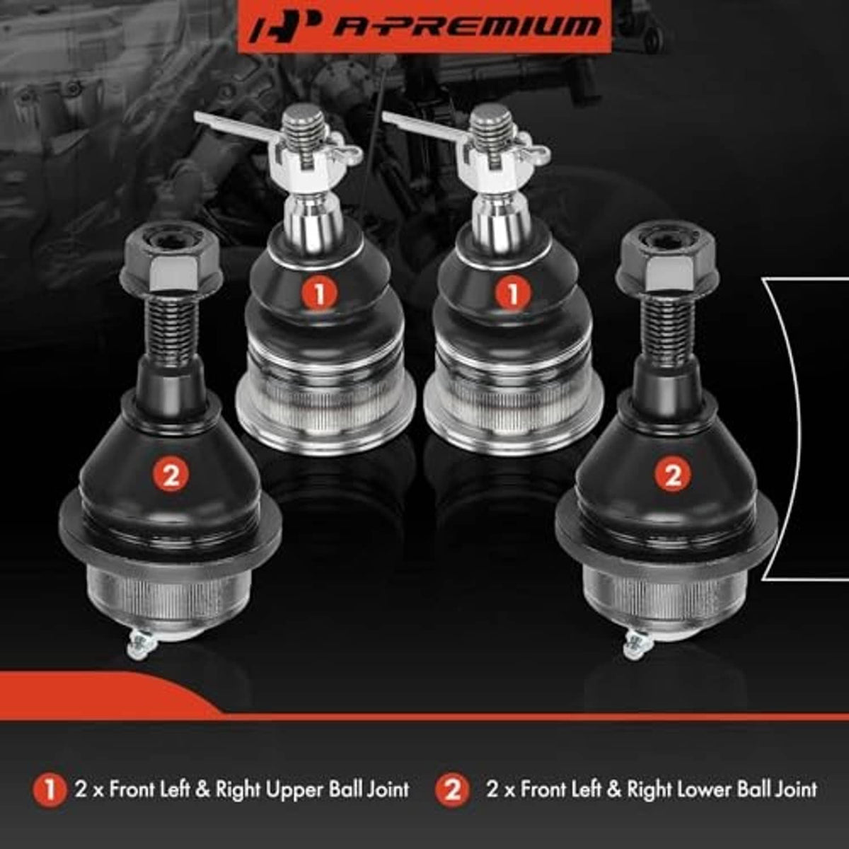 Four ball joints—2 upper and 2 lower—black boots with threaded studs and bases