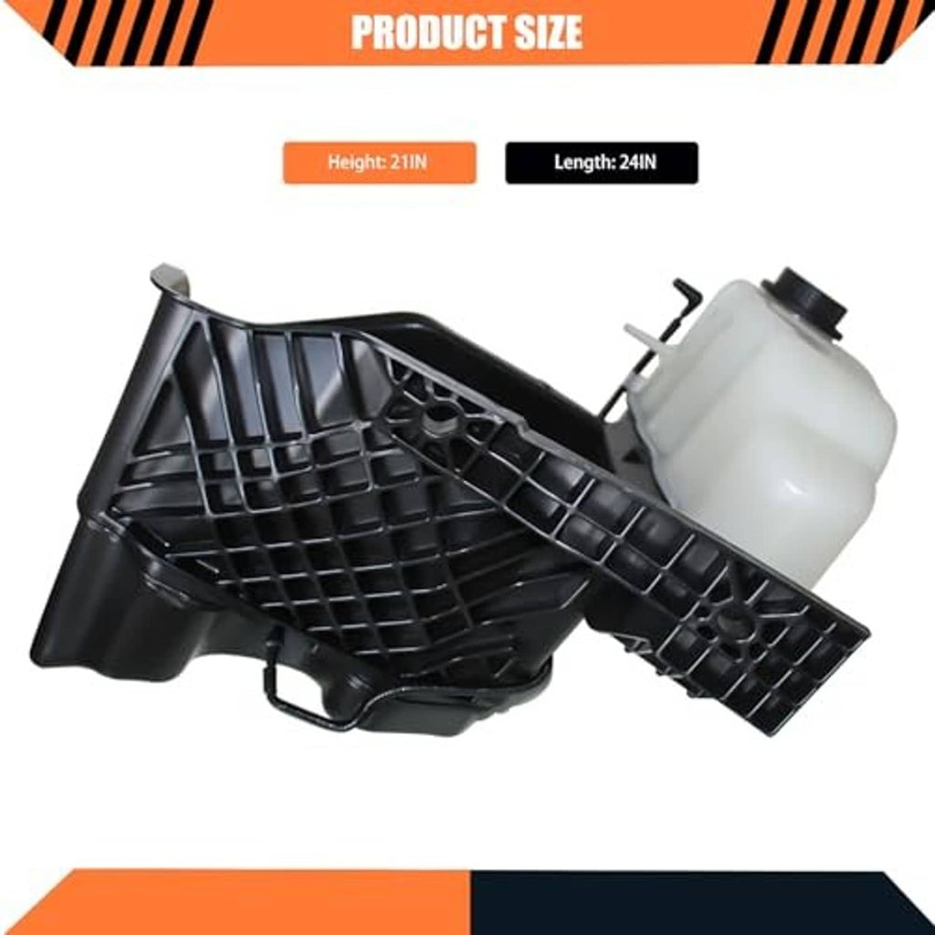 Engine coolant overflow recovery reservoir tank, angled view with white reservoir and black bracket