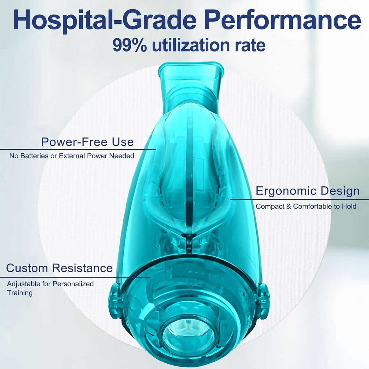 Turquoise flutter valve breathing device, ergonomic chamber with adjustable resistance