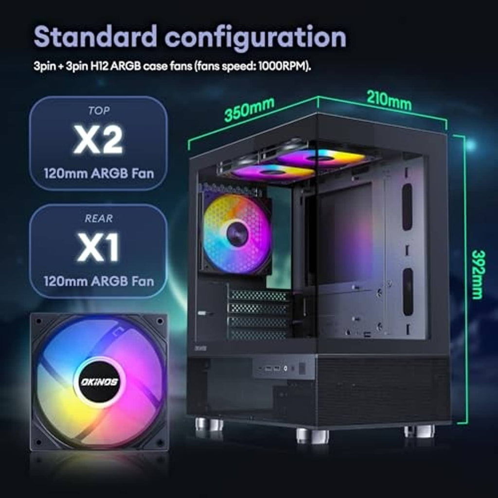 Black micro ATX PC case with preinstalled RGB fans, showing top and rear fan positions