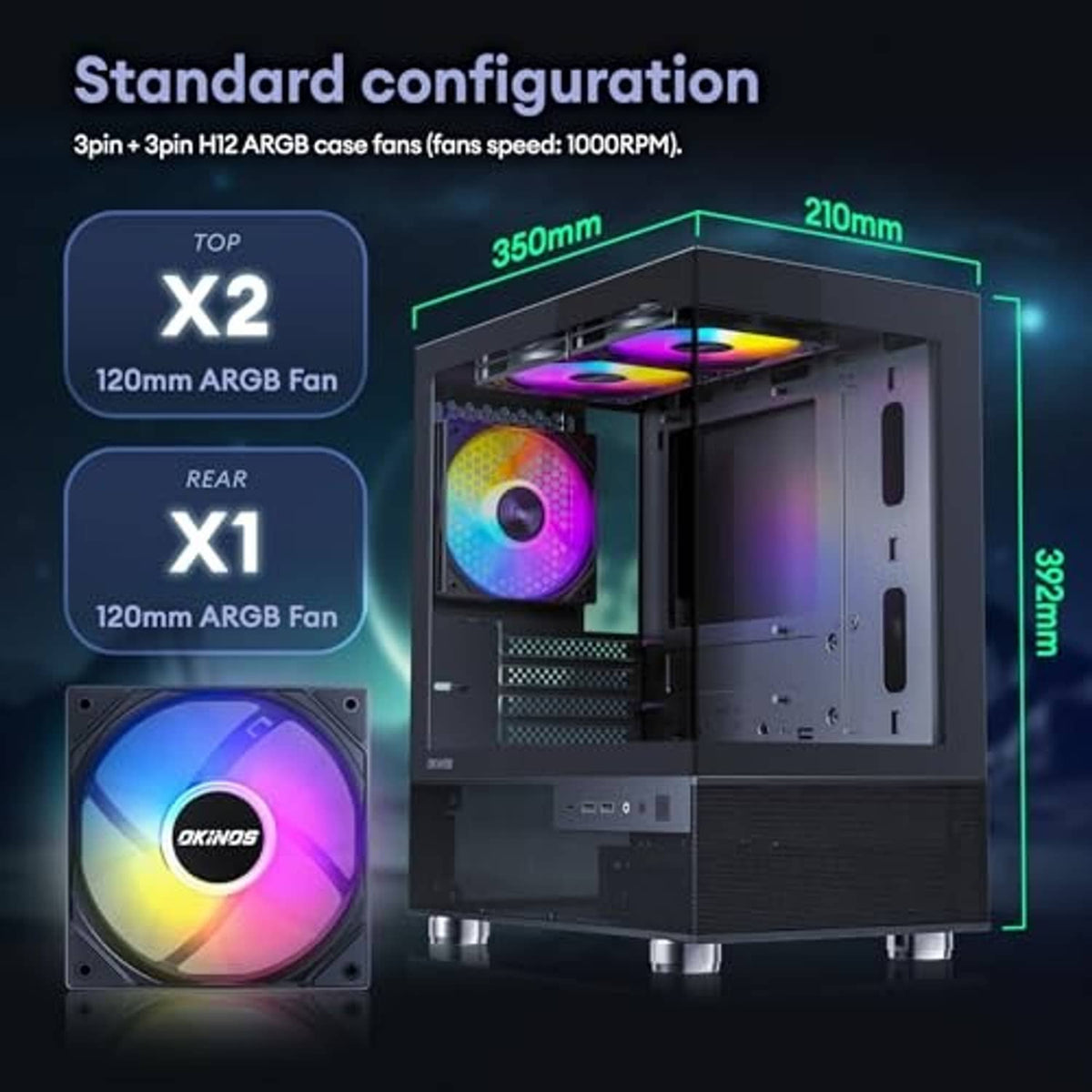 Black micro ATX PC case with preinstalled RGB fans, showing top and rear fan positions