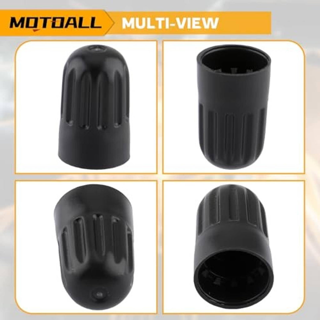 Black plastic valve stem cap shown from multiple angles with ridged grip