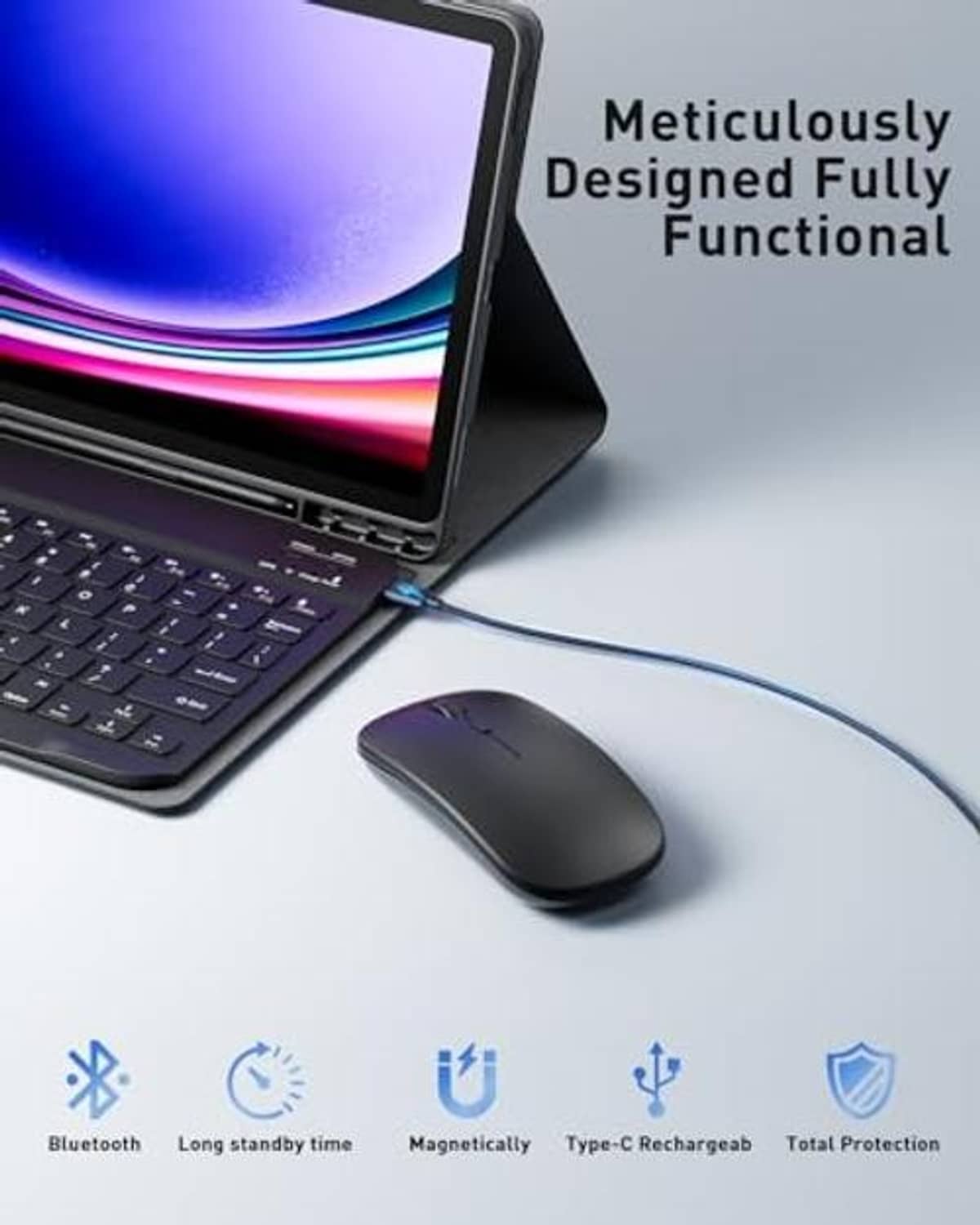 Black tablet folio keyboard case with wireless mouse beside the keyboard