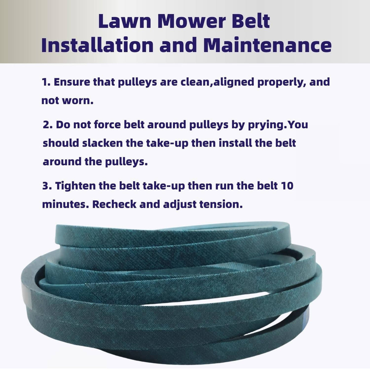 Teal mower drive belt stack with multiple coiled loops for installation