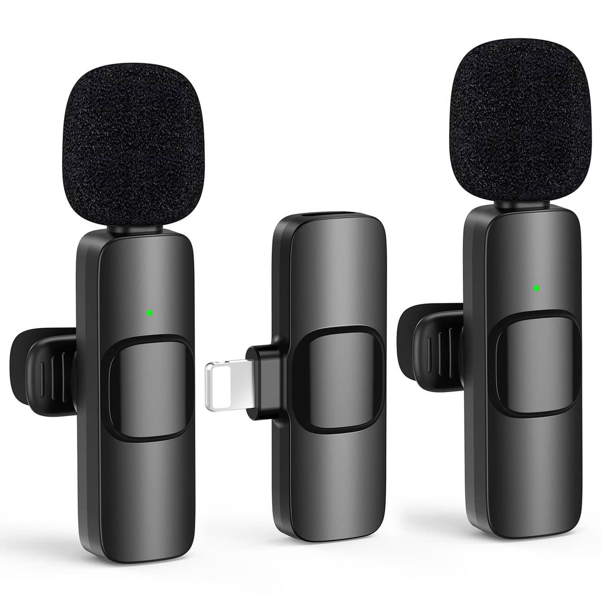 Two black mini wireless lavalier microphones with foam windscreens and clip mounts