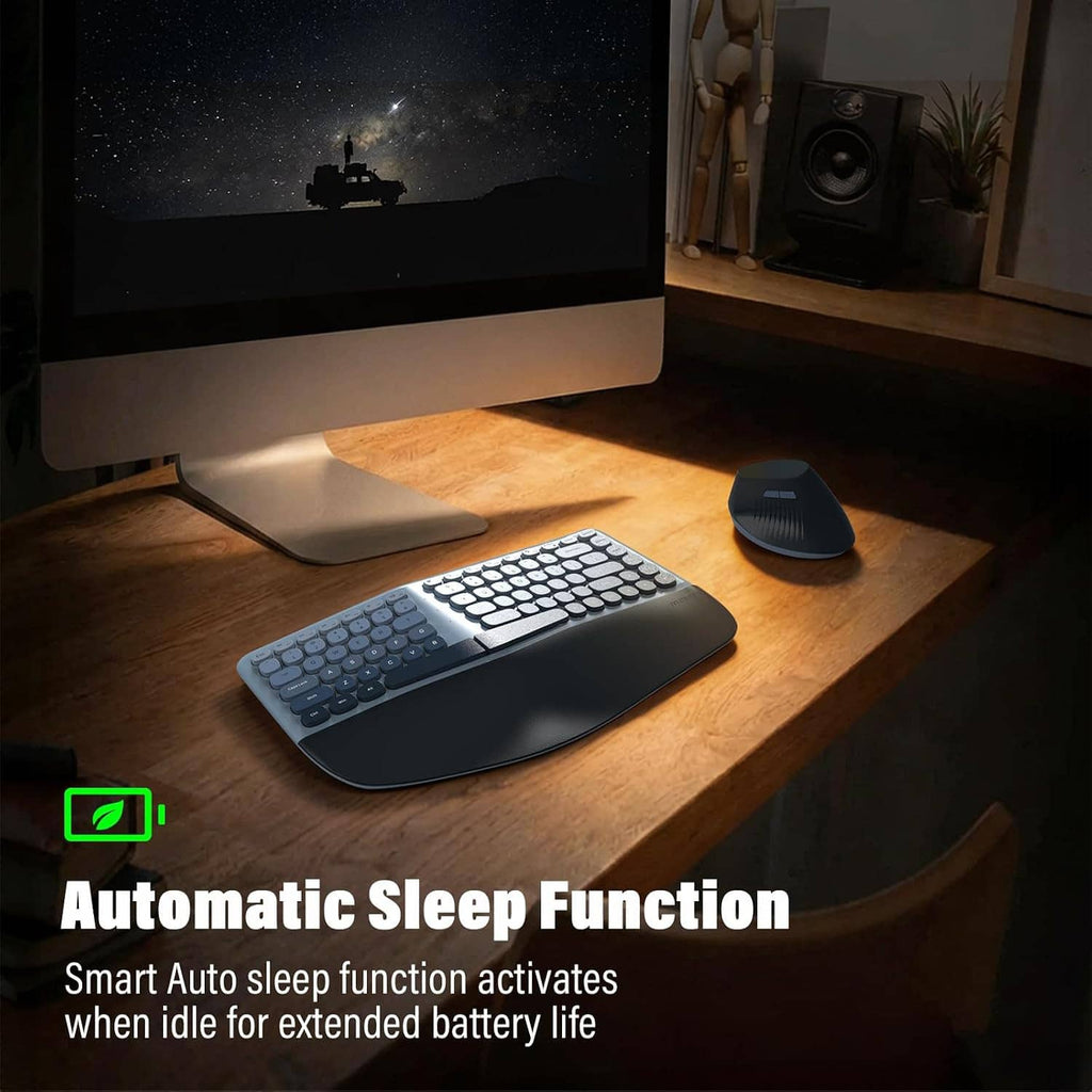 Blue split ergonomic keyboard with dark base and a wireless vertical mouse