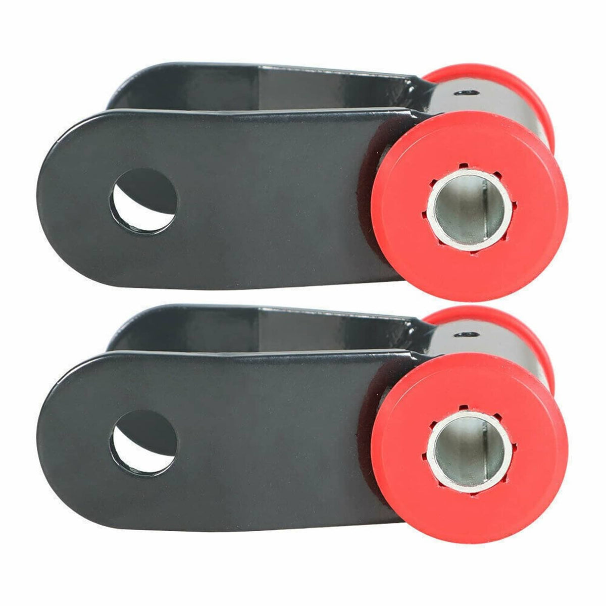 Black rear lift shackles with red round bushings and metal mounting tabs