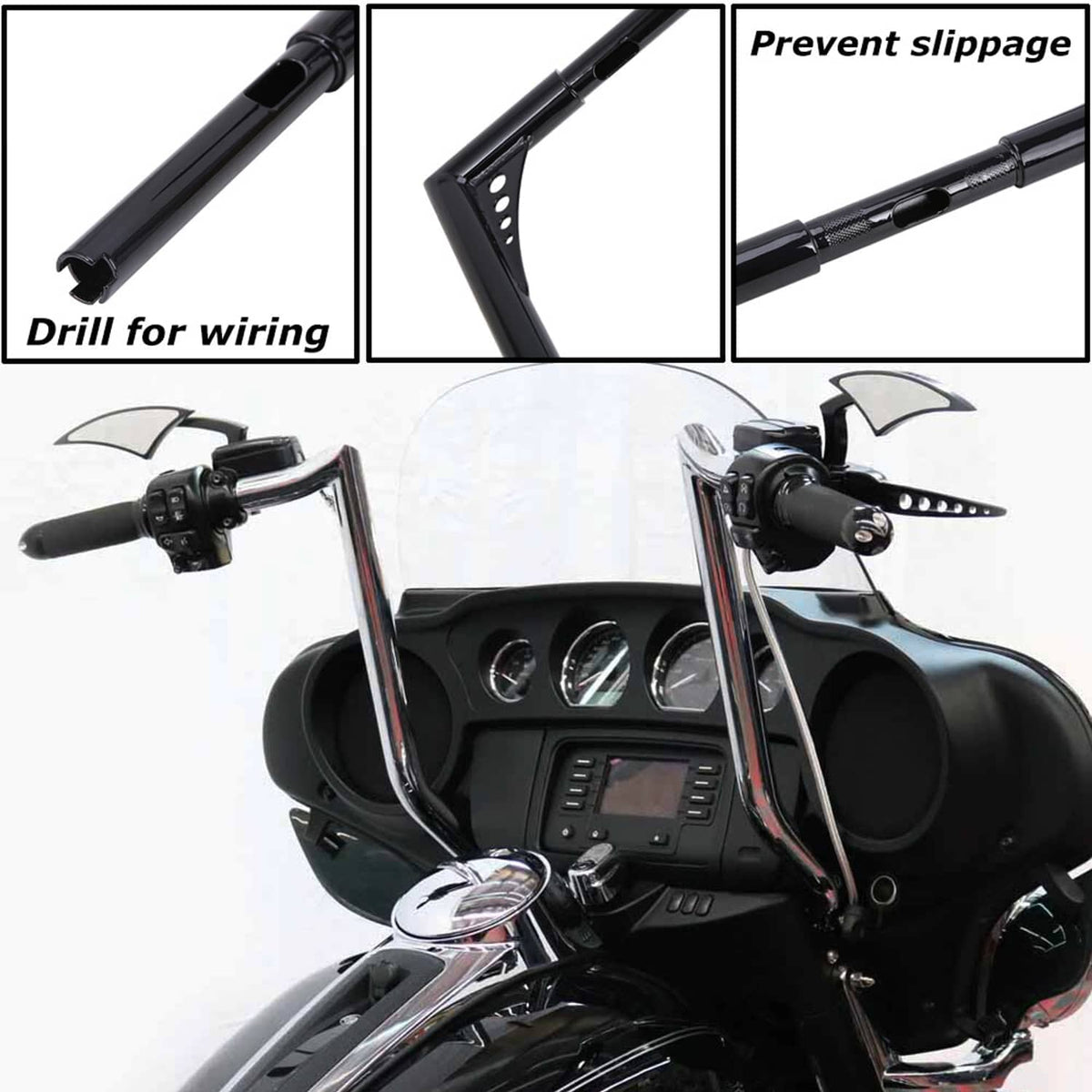 Meathook handlebar with wiring drill points and anti-slip design details