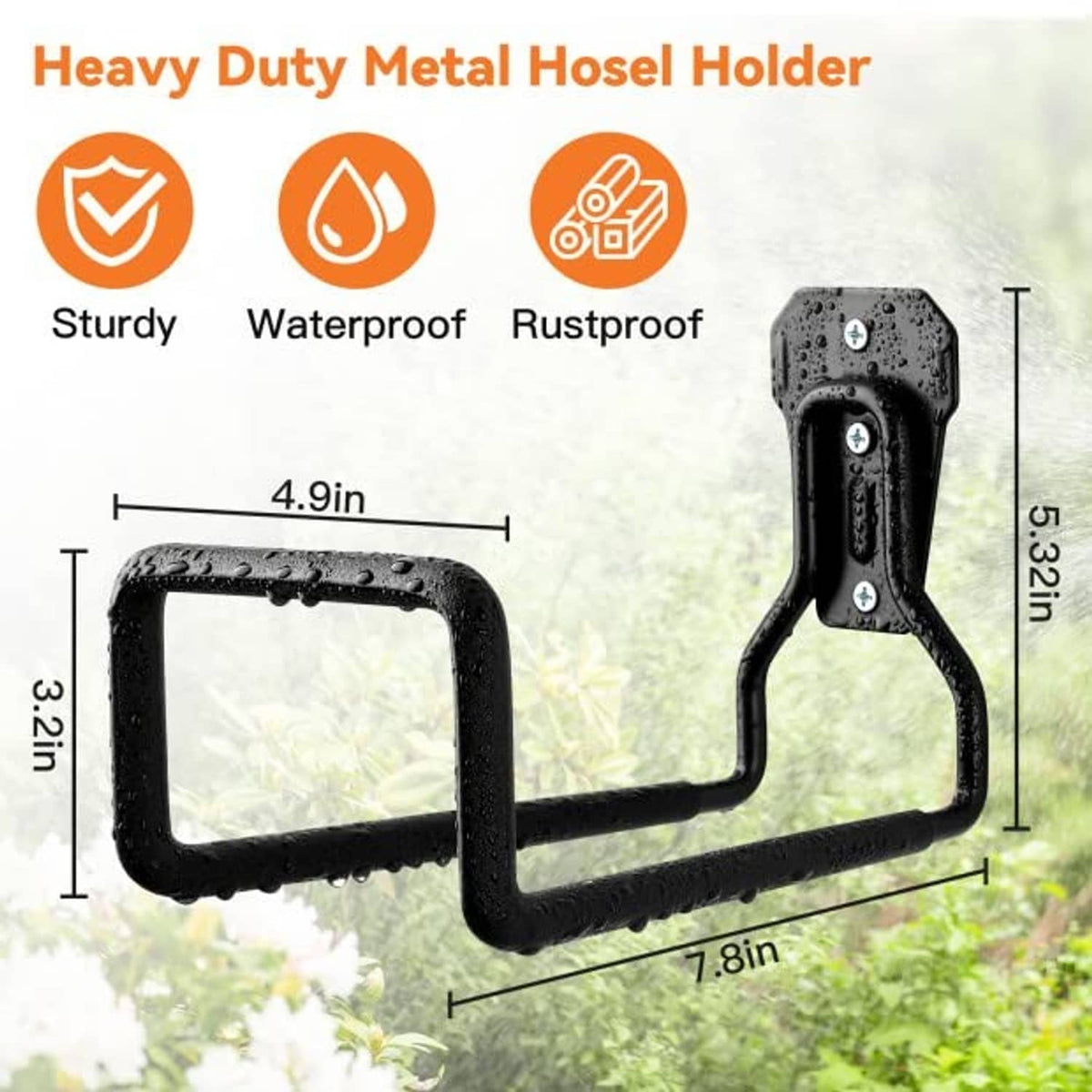 Heavy-duty black metal hose holder with dual arms and mounting plate