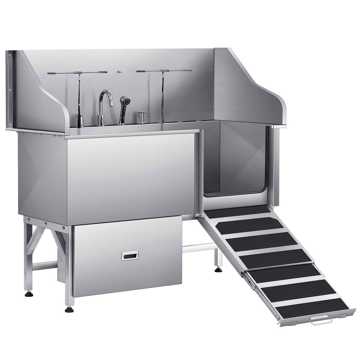 Stainless steel pet grooming tub with extended ramp steps and storage cabinet drawer
