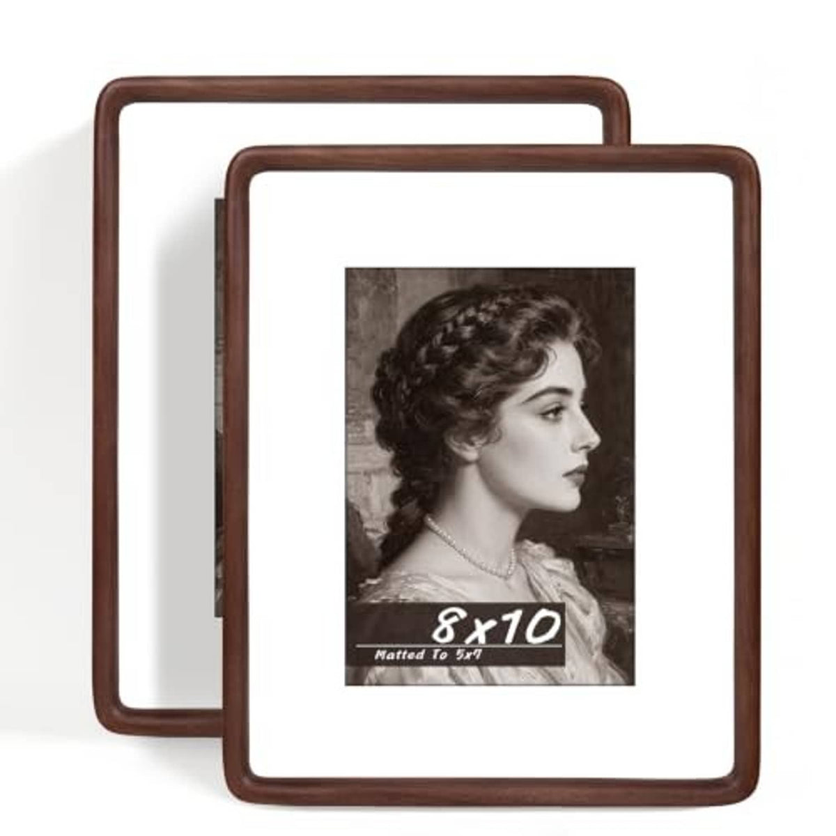Set of 2 walnut 8x10 picture frames, front view with portrait photo and mat