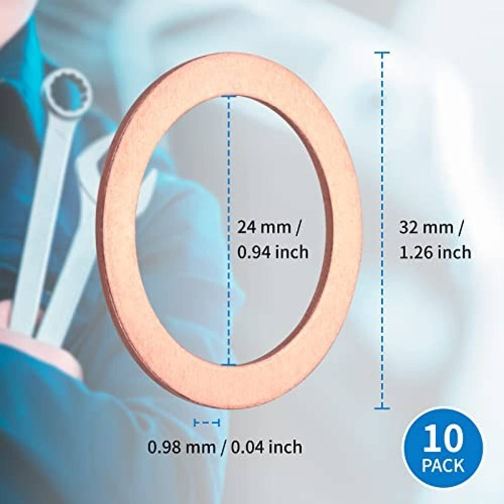Copper drain plug gasket with size marks: 24 mm inner, 32 mm outer, 0.98 mm thick