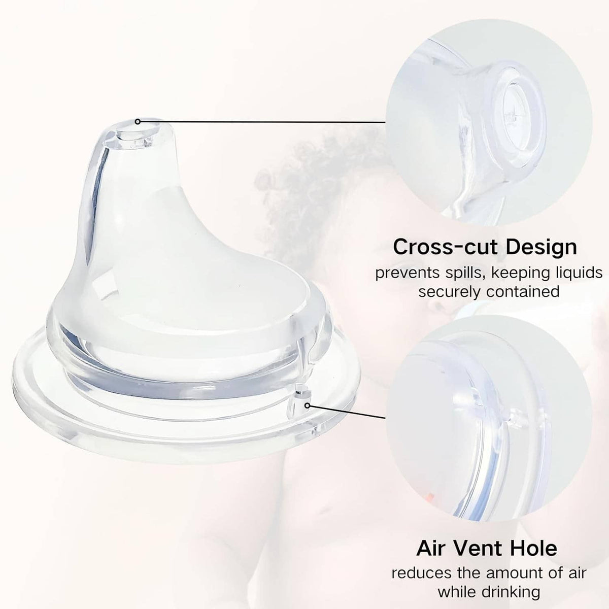 Replacement silicone spout with cross-cut design and air vent hole