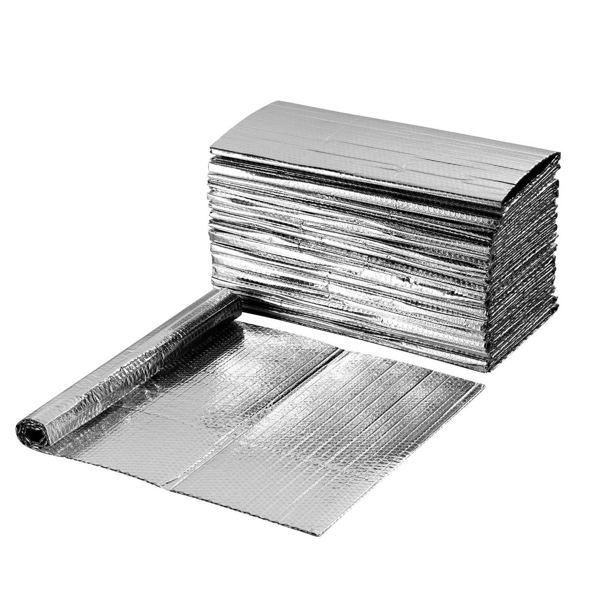 Reflective insulation panel stack, dual-sided aluminum foil, folded layers