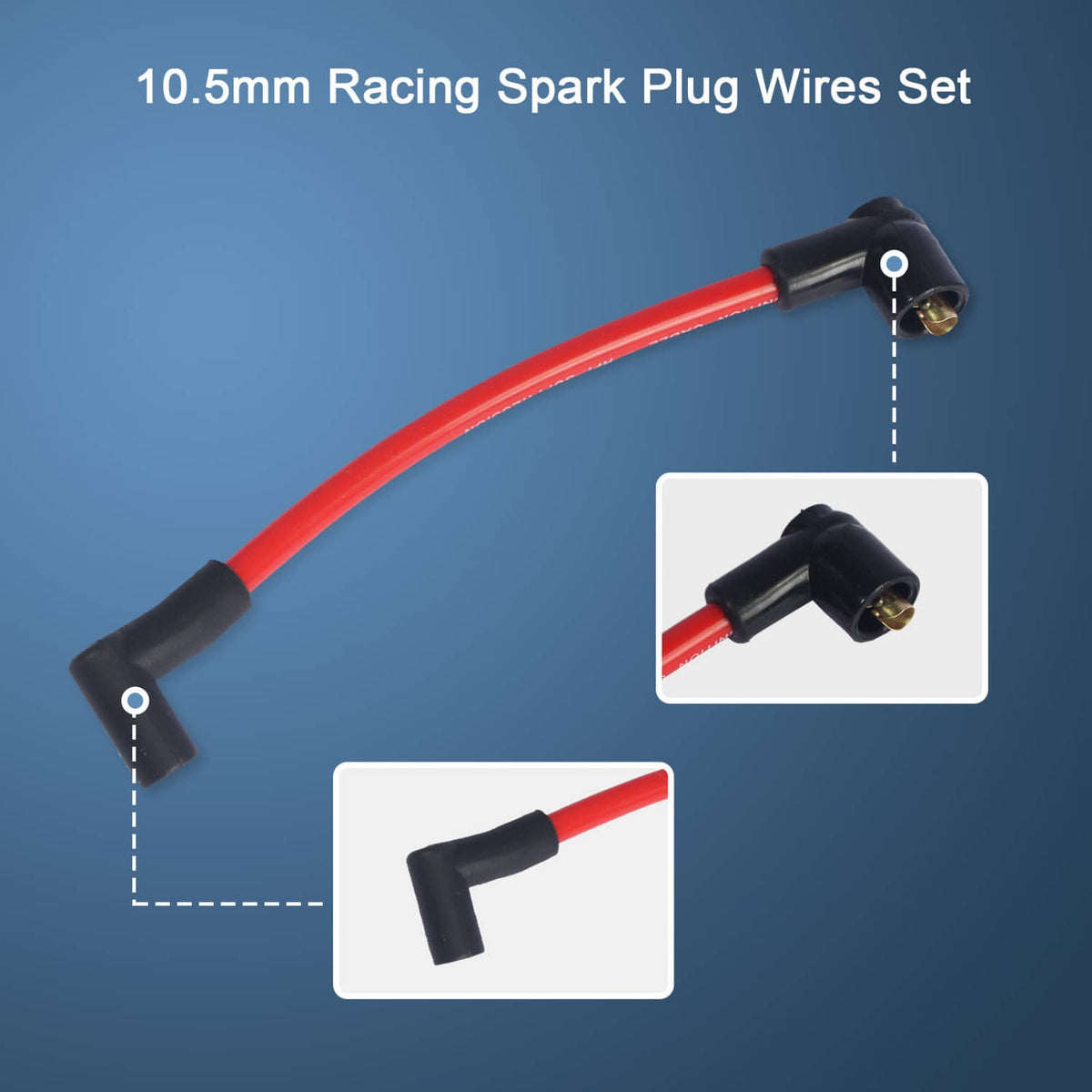Red spark plug wire with black ends and connector, shown extended