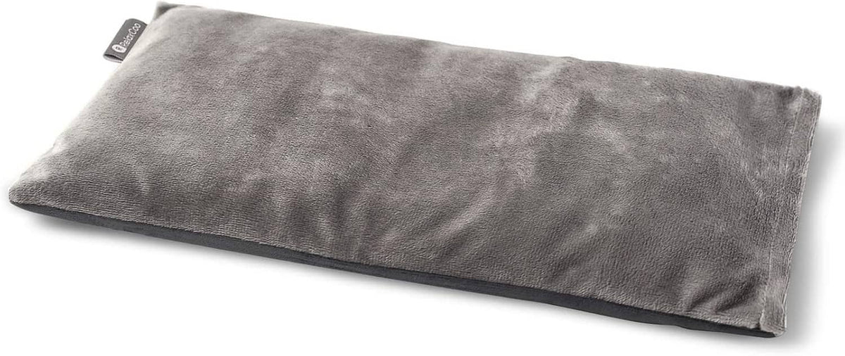 Long grey microwavable heating pad with washable cover, flat folded shape