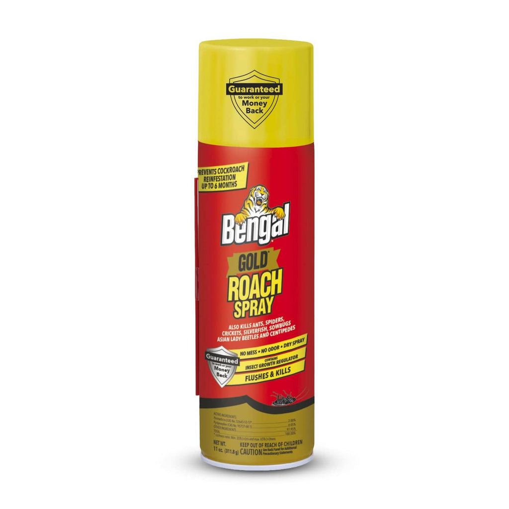 Bengal Gold Roach Spray aerosol can with yellow cap, red label and roach illustration