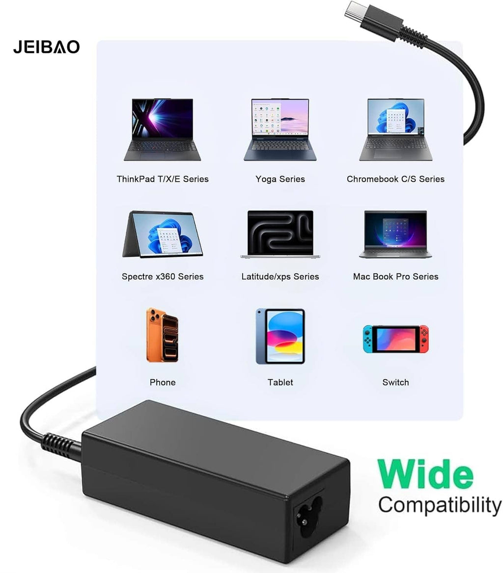Black 65W USB-C laptop charger adapter with attached cable and wide compatibility