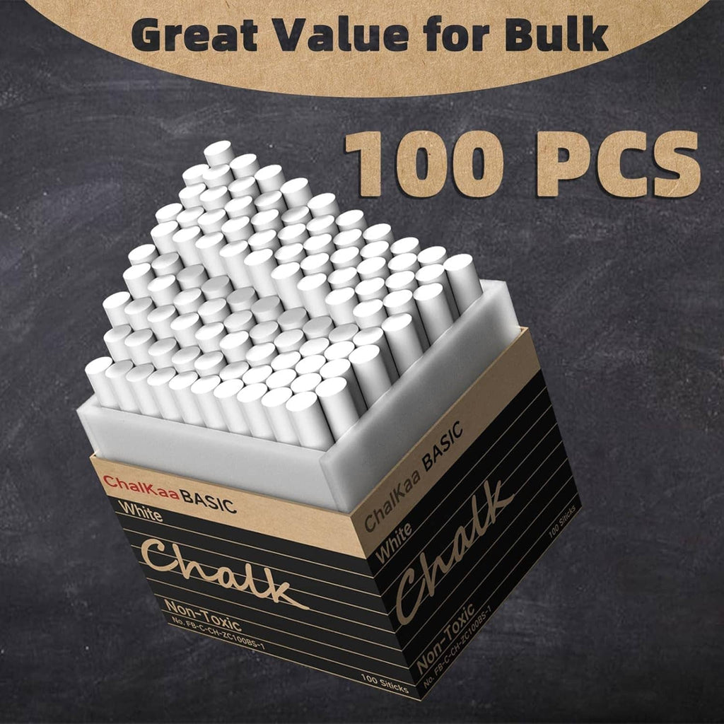 100-pack white chalk sticks in bulk box, stacked in a tray