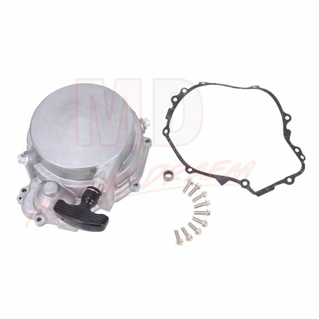 Recoil starter unit with round cover, mounting gasket, and included fasteners