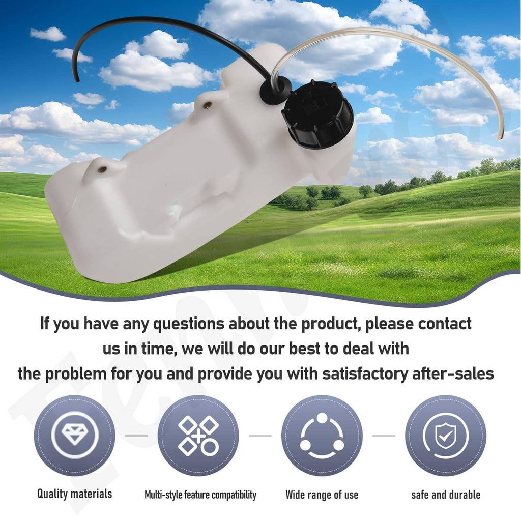 White fuel gas tank with black cap and two hoses, front angled view