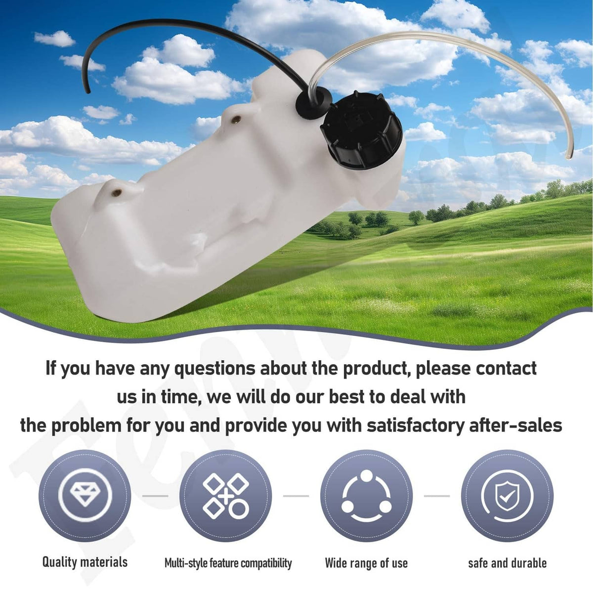White fuel gas tank with black cap and two hoses, front angled view