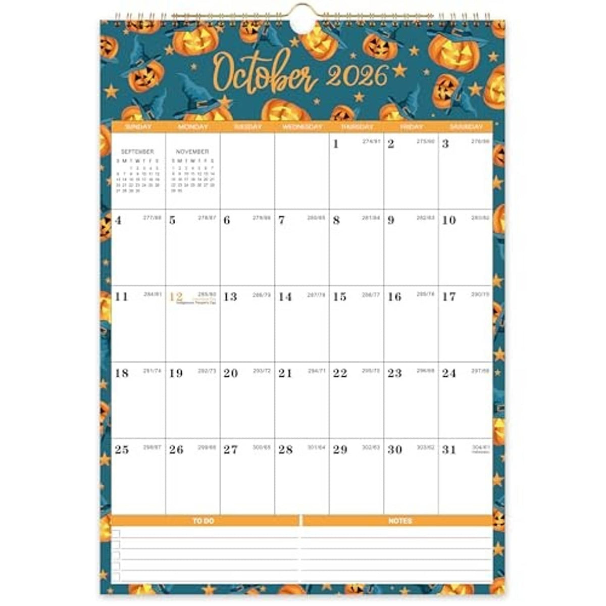 October 2026 wall calendar showing full month date layout with notes and to-do bars