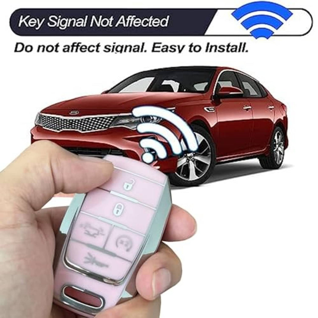 Pink key fob cover shell held in hand with wireless signal indicator
