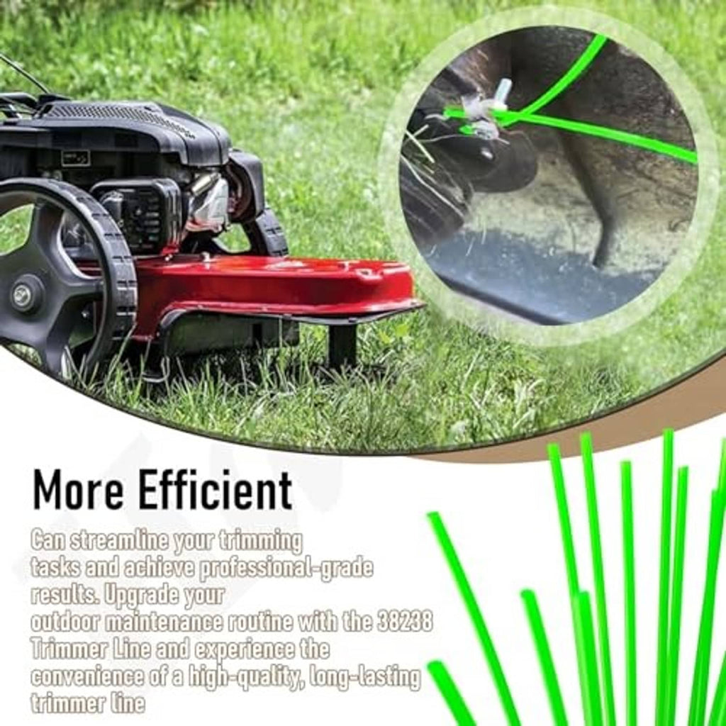 Green trimmer line cutting through grass near a string trimmer