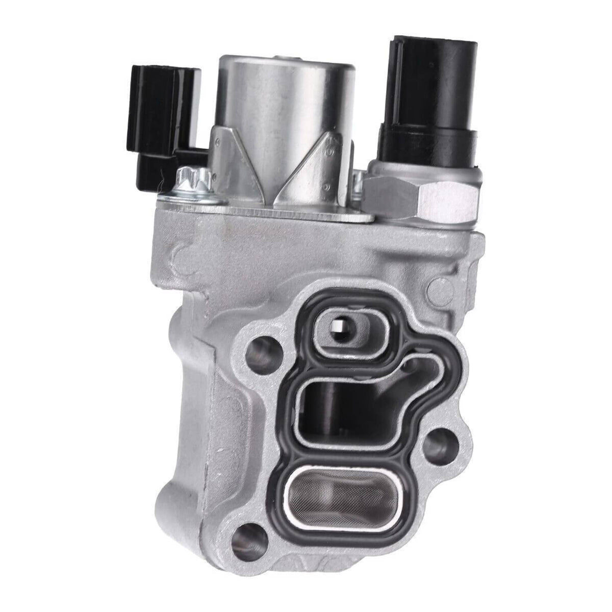 Solenoid spool valve with black electrical connector ports and metal housing.